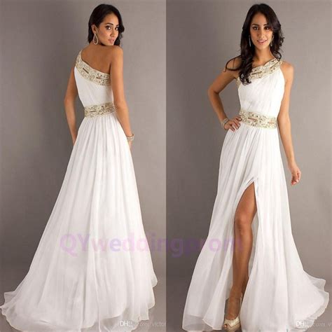 One Shoulder Gold Beading White A Line Sexy High Slits Floor Length