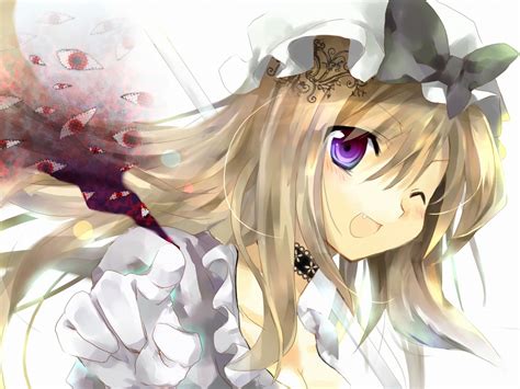 Blonde Hair Blush Hat Long Hair Purple Eyes Touhou Wink Yakumo Yukari Konachan Net Konachan