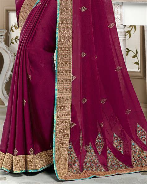 Vishal Prints Wine Chiffon Saree With Embroidery Work And Jari Border