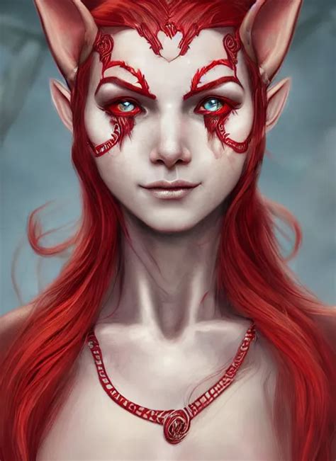 Red Skin Tiefling Smiling Beautiful Detailed Eyes Stable Diffusion