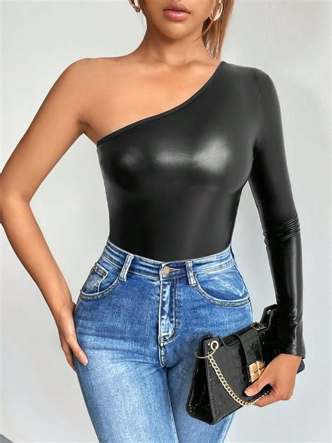 Shein Bae One Shoulder Pu Leather Bodysuit Shein Usa