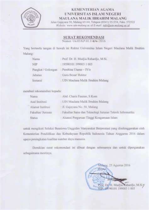 Surat Rekomendasi Beasiswa Unggulan Homecare