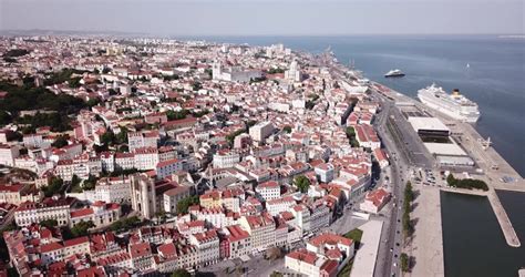 Panorama From Drone Of Lisbon Historical Center And Oldest City Church