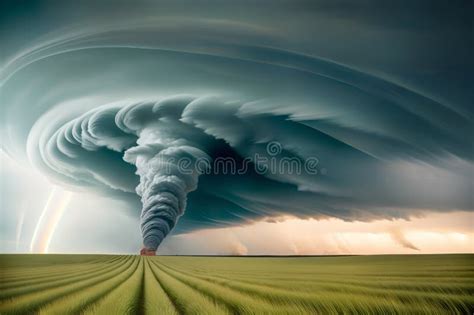 Dramatic Landscape with Dangerous and Scary Tornado in Yellow-green Field with Strong Wind ...