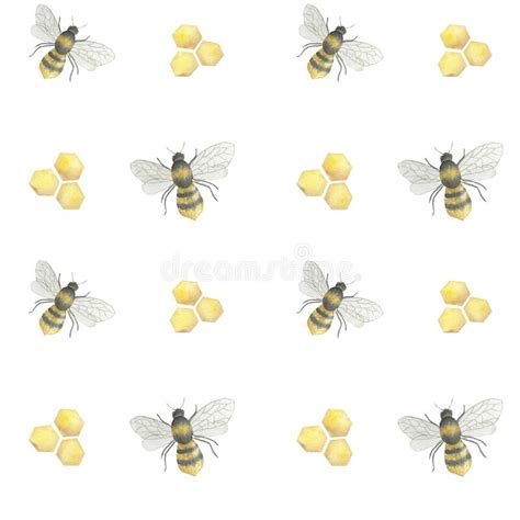 Watercolor Seamless Pattern Cute Bees And Honeycombs On A White