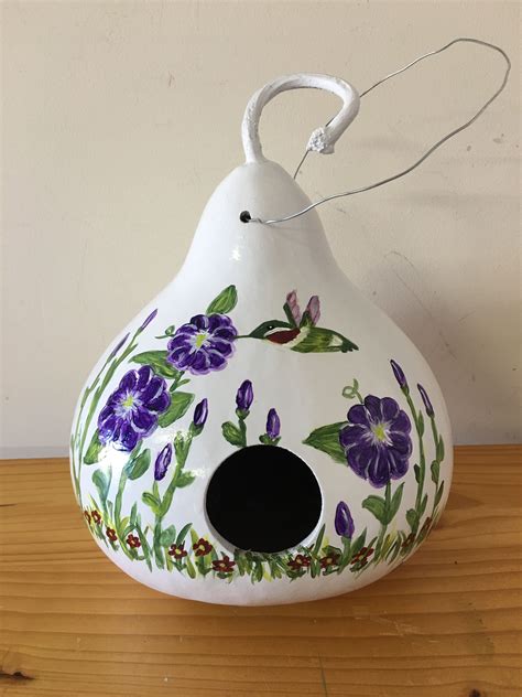 Purple Flowers With Hummingbird On White Gourd Birdhouse By Margie