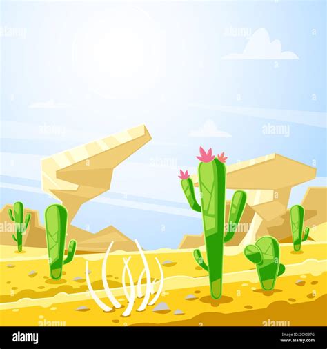 Paisaje Desértico Ilustración Vectorial Cactuses Rocas Y Dunas De Arena De Dibujos Animados