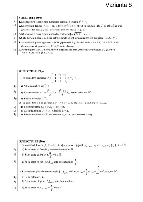 100 De Subiecte De Matematica Pentru Examenul De Bacalaureat Profil M1