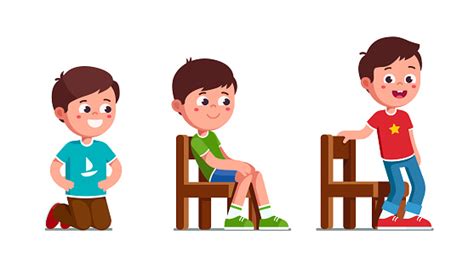 Excited Preschool Boys Kneeling Sitting And Standing Up From Chair