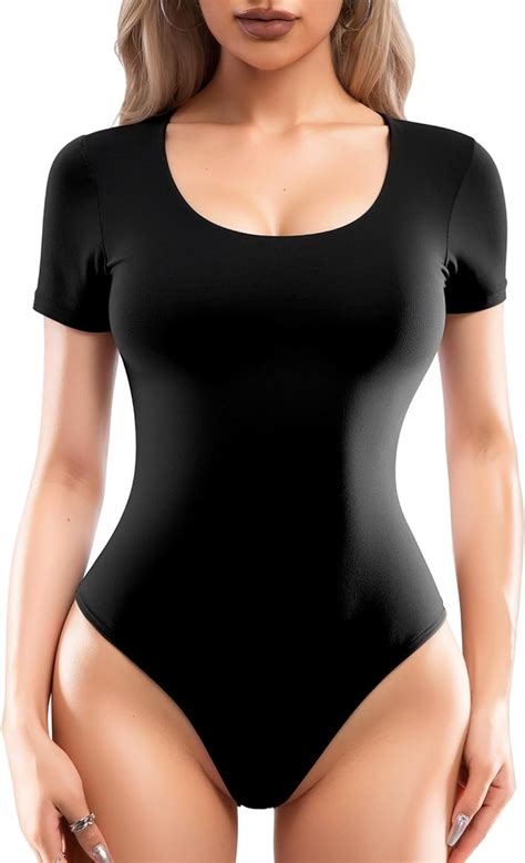 Mangopop Double Lined Short Sleeve Bodysuits For Women Scoop Neck Thong