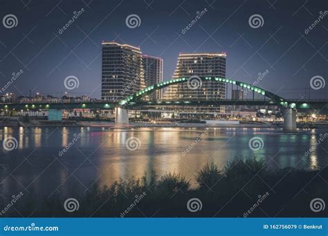 Old Sava Bridge Above Sava River At Nightfall Belgrade Serbia Stock