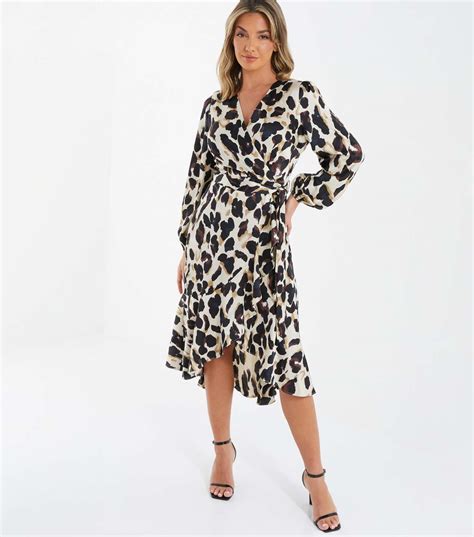 Quiz Off White Leopard Print Satin Long Puff Sleeve Midi Wrap Dress