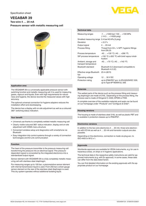 Vega VEGABAR 39 Pressure Sensor With Switching Function Specification