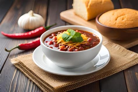 Premium Photo | A bowl of chili with a bowl of chili on a table.