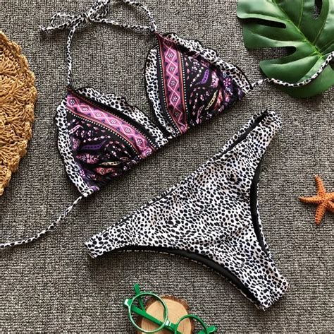 FALLINDOLL Sexy Swimwear Women Brazilian Bikini Floral Swimsuit Leopard Print Bikini Set Bandage