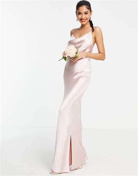 Asos Design Bridesmaid Cami Maxi Slip Dress In Hi Shine Satin With Lace Up Back In Blush Shopstyle