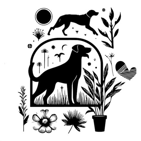 Una Imagen En Blanco Y Negro De Un Perro Y Flores Vector Premium