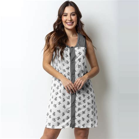 Camisola Estampada Gabi Lingerie Malha Amamentação Pós Parto Botão Pós Cirúrgica Grafite