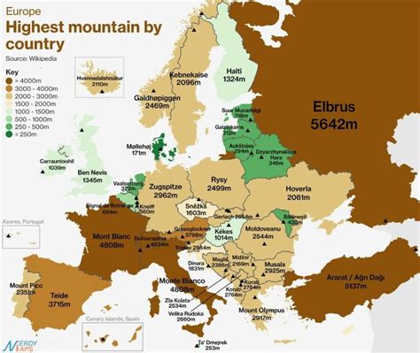 Map of The Highest Mountain Peak In Every European Country