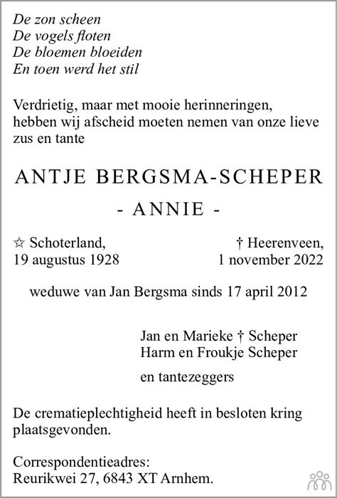 Antje Annie Bergsma Scheper 01 11 2022 Overlijdensbericht En