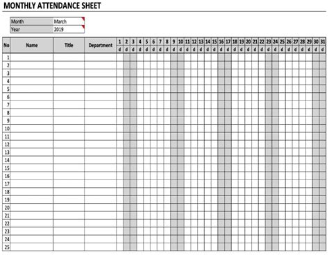 Printable Monthly Attendance Sheet Chart Free Download And Print For You