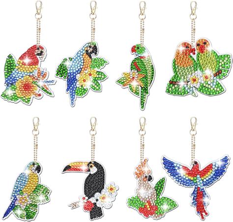 Gukasxi 8 Pcs 5d Diamond Painting Keychain Double Sided Tropical Birds