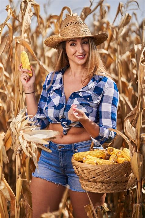 Plus Size Farm Lady Harvesting Corn Stock Image Image Of Beautiful