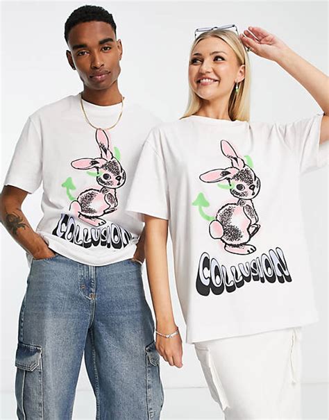 Collusion Unisex Oversized T Shirt Met Konijnenprint In Wit Asos