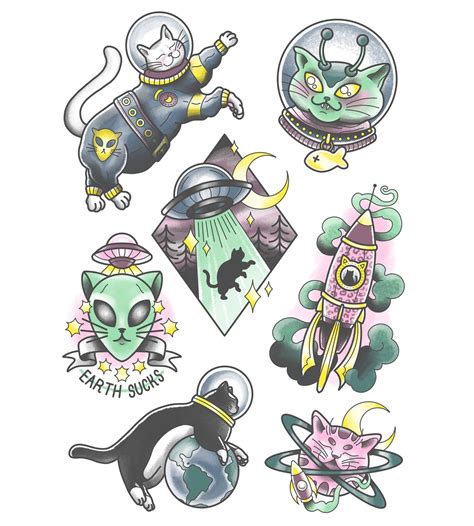 Space Cats Tattoo Flash Sheet Art Print In 2021 Tattoo Flash Sheet