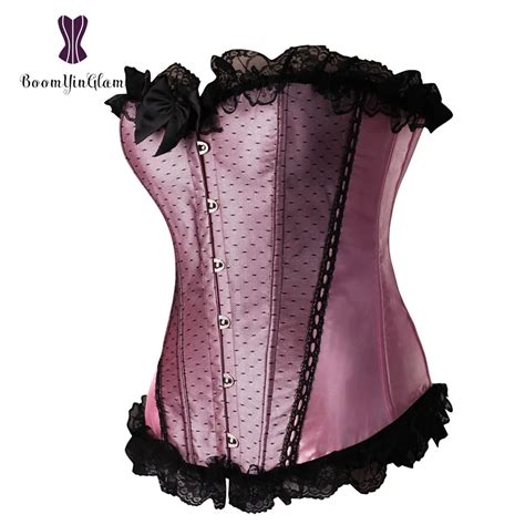 Bowknot Womens Satin Sexy Floral Lace Up Trim Overbust Corset Bustier