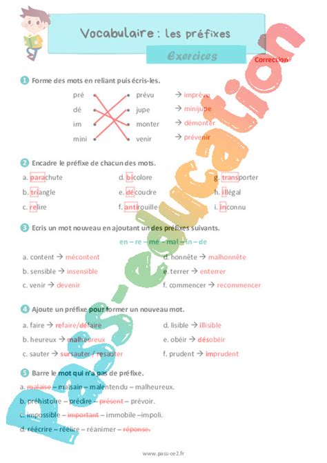 Les préfixes Exercices de vocabulaire pour le ce2 PDF à imprimer