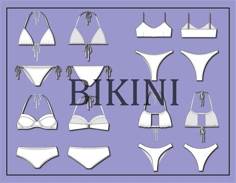 Bikini Swimsuit Set Bundle Vector Fashion Flat Sketch For Adobe Illustrator Technical Drawing