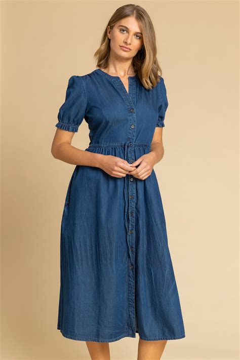 Buy Roman Blue Puff Sleeve Denim Belted Midi Dress From The Next Uk