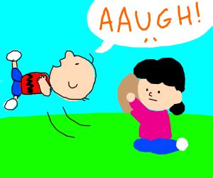 Lucy pulls football from Charlie Brown - Drawception