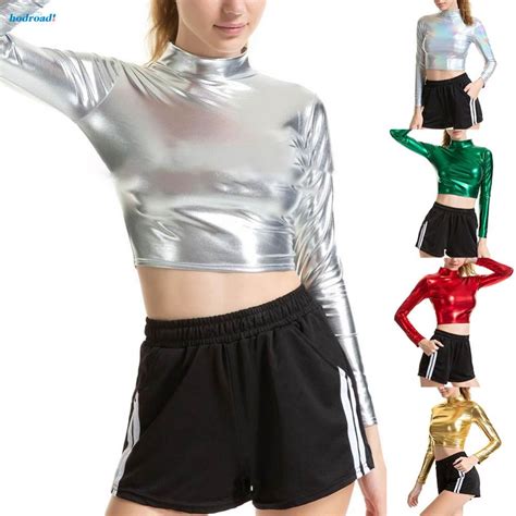 Women Faux Leather Shiny Wetlook Mock Neck Long Sleeve Crop Top Dance