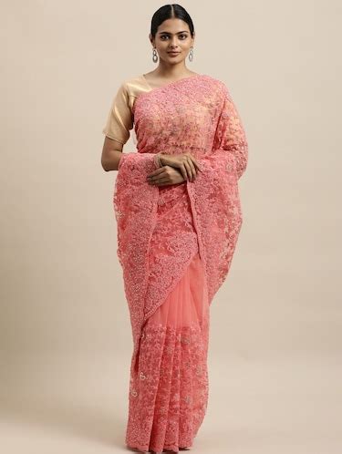 Buy Online Pink Net Embroidered Saree From Ethnic Wear For Women By