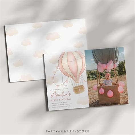 Pink Hot Air Balloon Birthday Photo Invitation Hot Air Balloon Invite