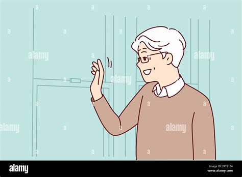 Smiling Mature Man Look In Mirror Waving Happy Elderly Grandfather