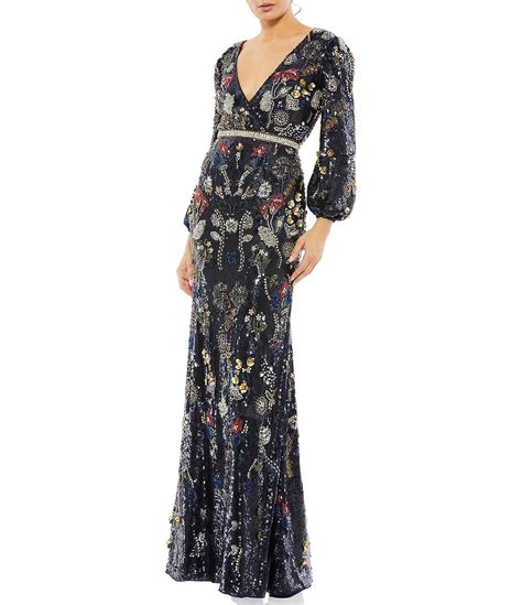 Mac Duggal Floral Sequin V Neck Long Bishop Sleeve Gown Dillards