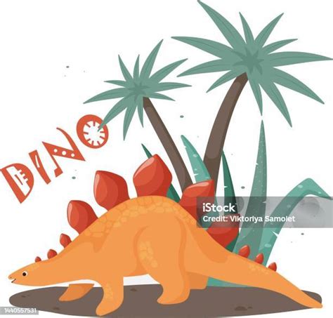 Cute Dinosaur With Spikes On Its Back Against A Background Of Palm