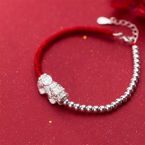 Pure Silver Wealth Attracting Pixiu And Red Rope Bracelet Zenheavens