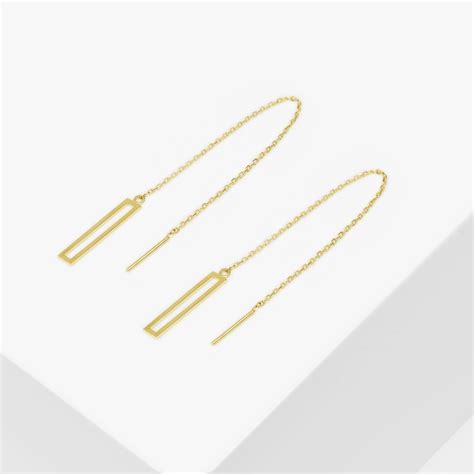 14k Solid Gold Rectangle Long Threader Earring Drop Earring Etsy