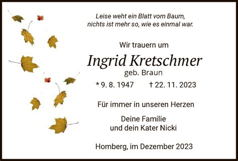 Traueranzeigen Von Ingrid Kretschmer Trauer HNA De