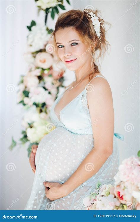 Sensuality Pregnant In Lingerie Dress Embrasing Stomach And Smiling Stock Image Image Of