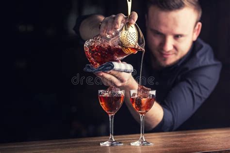 Bartender Pouring Cocktail Alcoholic Drink Manhattan Stock Image Image Of Beverage Bartender