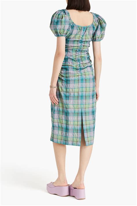 Ganni Ruched Checked Cotton Blend Seersucker Midi Dress The Outnet