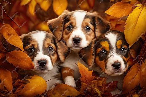 Premium AI Image | Three cute puppies playing in pile of autumn leaves