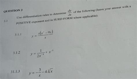 Solved Uestion 3 Use Differentiation Rules To Determine Dxdy