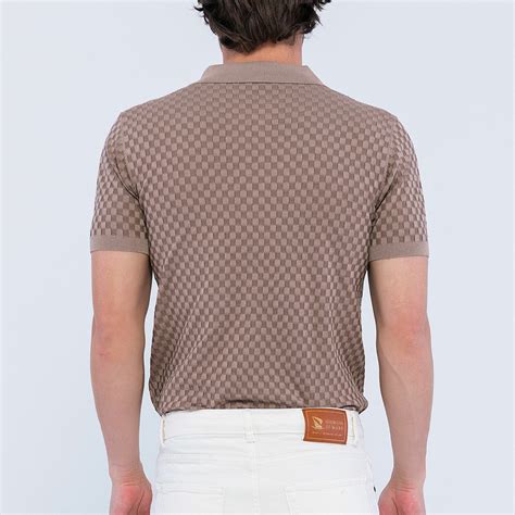 Checker Texture Short Sleeve Polo Shirt Light Brown S Giorgio Di