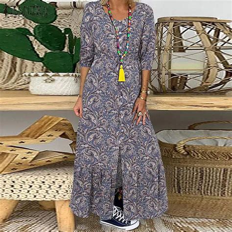 Bohemian Floral Printed Dress Zanzea Women Summer Casual Vintage Long